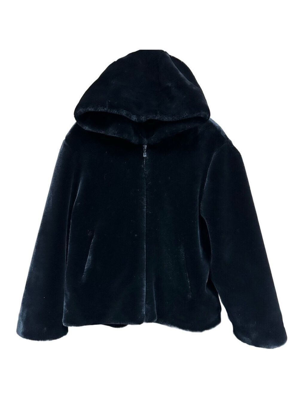 90s Plush black faux fur hooded jacket Womens Large 
 Winter Cozy